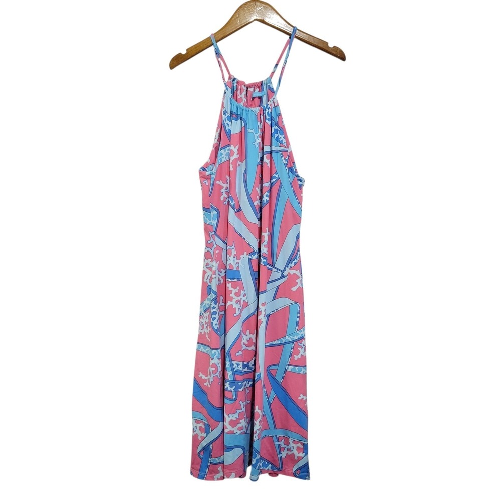 J McLaughlin Coral Sundress Womens Medium Pink Blue Catalin Cloth Halter Beach